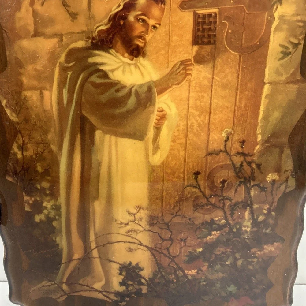 Vintage 1944 Signed MCM‎ Jesus Knocking Door Wall Plaque Religious Art Litho USA